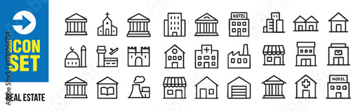 Versatile real estate icons representing diverse architectural styles for property designs and city planning projects