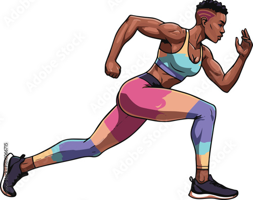 Athletic woman with short hair and muscular physique running dynamically, showcasing fitness and speed in colorful athletic wear