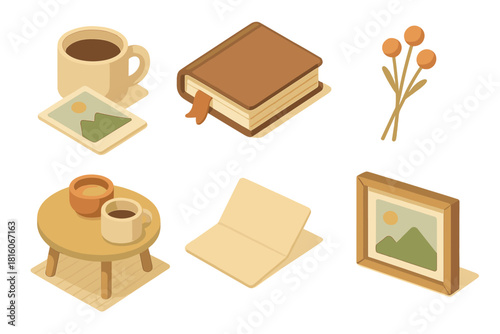 Isometric Nostalgia Icons. Everyday Nostalgia flat icon set : coffee cup beside photo, book with ribbon marker, dried flowers, cozy table scene, folded paper note, framed landscape