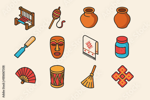 Traditional Craft Icons. Traditional Handicrafts flat icon set: loom, spindle, woven fabric, clay pot, chisel, wooden mask, embroidered cloth, dye jar, hand fan, drum, straw broom