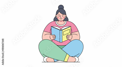 Woman Reading Book While Sitting Cross legged Illustration
