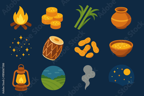 Lohri Festival Icons. Sacred Lohri Flames flat icon set: burning firewood, jaggery sweets, sugarcane bundle, earthen pot, glowing sparks, drum dhol, handful of peanuts, ritual bowl