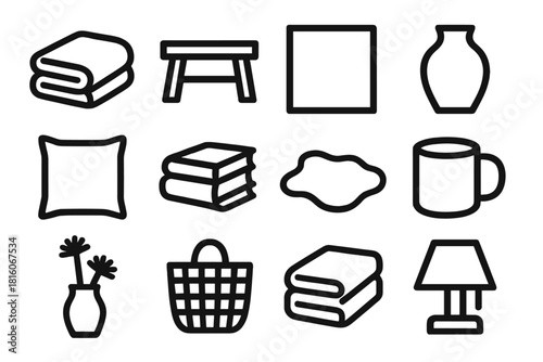 Minimalist Icon Decor. Minimal Decor silhouette icon set: folded throw, wooden bench, neutral wall, vase, linen pillow, stack of books, soft rug, ceramic mug, dried flowers, basket