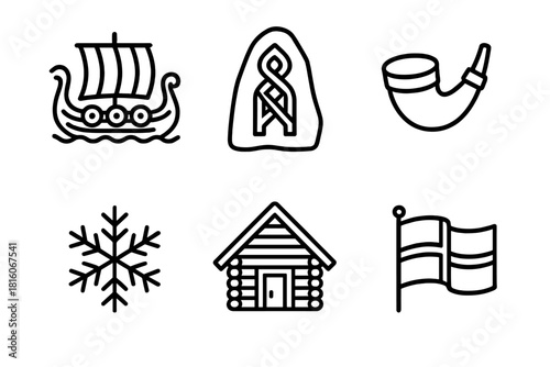Scandinavian Icon Set. Scandinavian Traditions linear icon set: viking ship, runestone, horn, snowflake, wooden house, flag