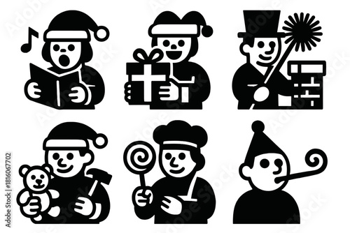 Festive Friends Icons. Festive Friends silhouette icon set: caroler, gift giver, chimney sweeper, toy maker, candy maker, party guest
