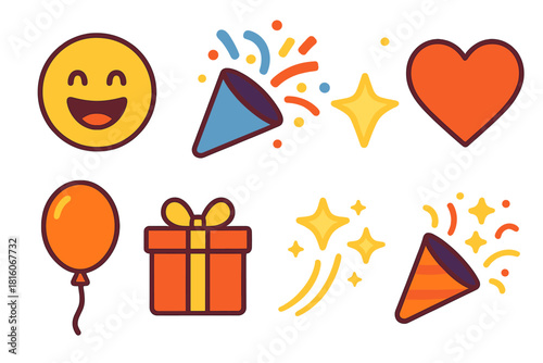 Celebration Icon Set. Excited smiles flat icon set : happy face, burst of confetti, shining star, heart symbol, balloon, gift box, sparkle trail, celebration horn