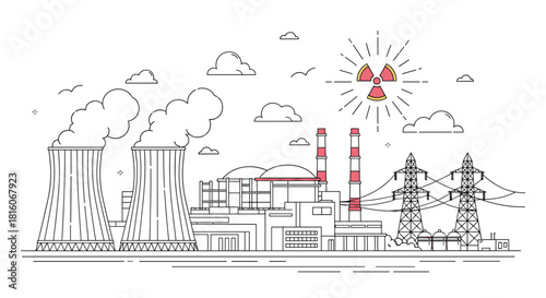 A line art illustration of a nuclear power plant with cooling towers reactors and a radiation symbol depicting energy production technology.