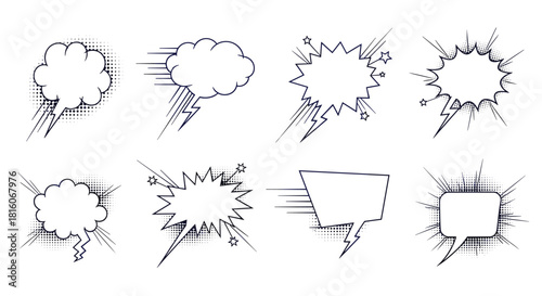 A dynamic set of black and white comic book speech bubbles with halftone effects and motion lines for expressing dialogue and thoughts.