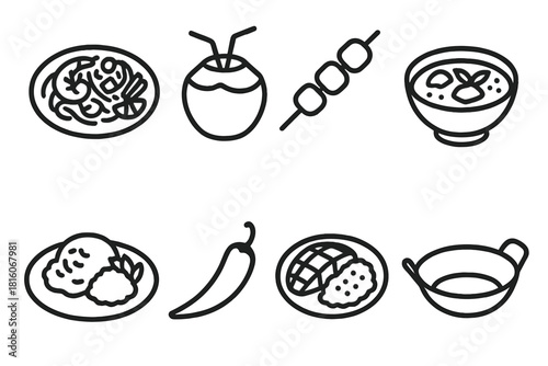 Thai Street Food Icons. Thai street food concept linear icon set: pad thai plate, coconut drink, skewer, curry bowl, rice plate, chili pepper, mango sticky rice, wok