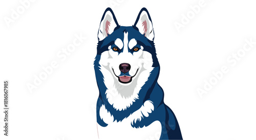 A beautiful portrait of a smiling Siberian Husky dog with striking blue eyes and a thick blue and white coat in a vector art style.