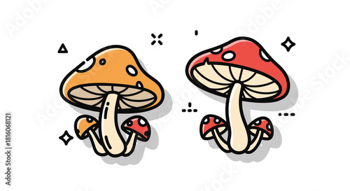 A cute cartoon illustration of two mushroom groups one orange and one red with spots in a fun and playful doodle line art style.