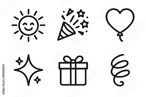 Joyful Celebration Icons. Everlasting Joy linear icon set : smiling sun, confetti burst, heart balloon, sparkling star, gift box, ribbon swirl