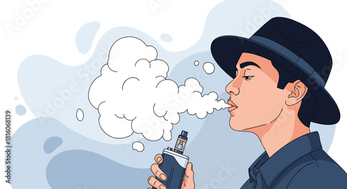 A stylish man wearing a fedora hat exhaling a large cloud of vapor from an electronic cigarette in a cool modern illustration.
