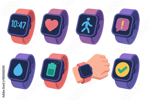 Smartwatch Icon Set. Smartwatch Moments flat icon set: digital clock face, heart icon, walking figure, alert bubble, hydration symbol, battery charge, smartwatch hand, success