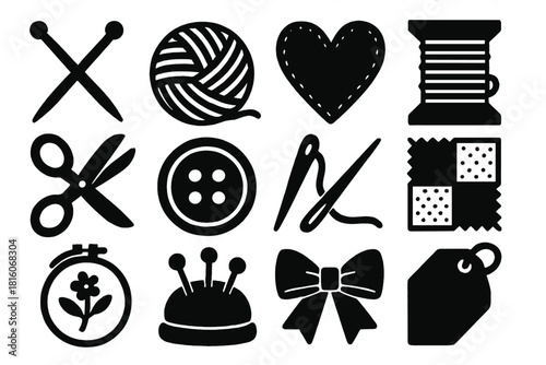 Crafted Icon Set. Crafted With Love silhouette icon set: knitting needles, yarn ball, fabric heart, thread spool, scissors, button, sewing needle, patchwork square, embroidery hoop
