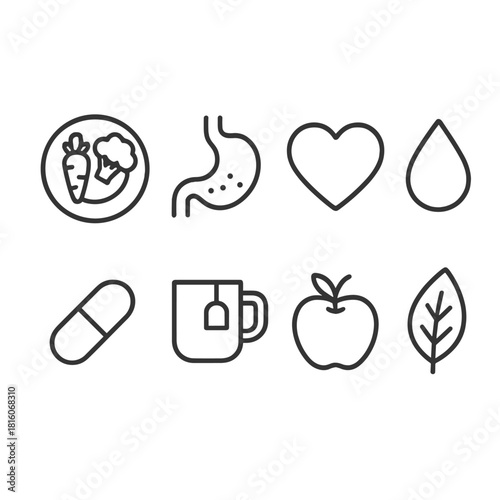 Healthy Lifestyle Icons. Nutrition wellness concept linear icon set: plate with vegetables, digestive icon, heart, water drop, vitamin capsule, tea mug, apple, leaf