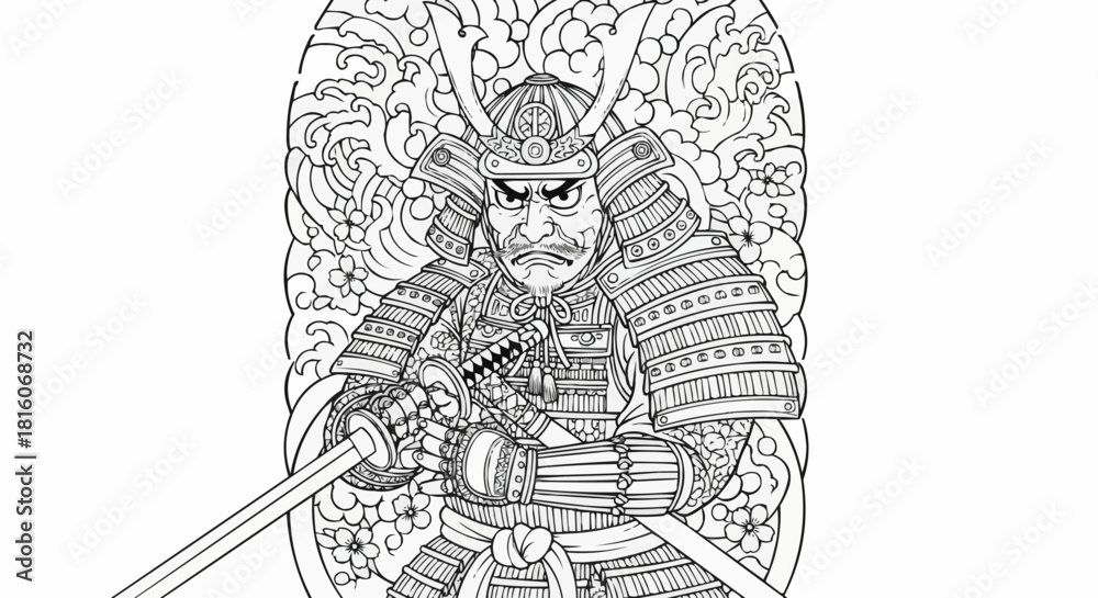 Fototapeta premium Intense Samurai Warrior with Sword Ready for Battle in Detailed Armor.