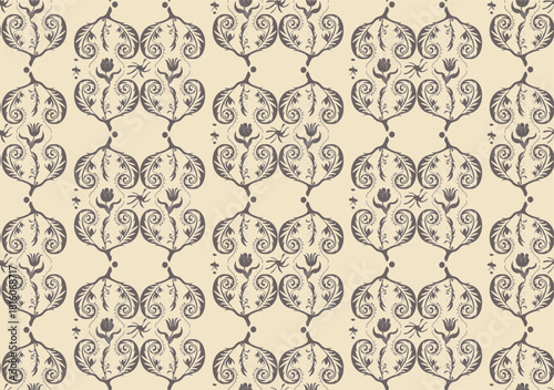 Vector seamless pattern with abstract ethnic stylized flowers and leaves, reminiscent of ancient Russian painting, for printing on clothing, textiles, websites, presentations.