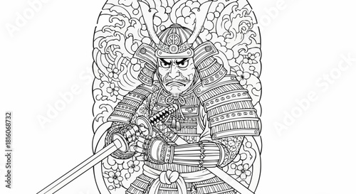 Intense Samurai Warrior with Sword Ready for Battle in Detailed Armor.