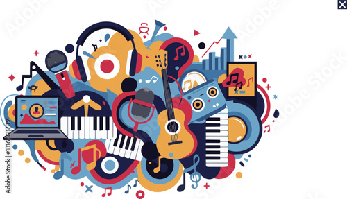 Vibrant illustration of music production elements, featuring instruments, audio technology, and creative expression. Dynamic collage for entertainment and digital media