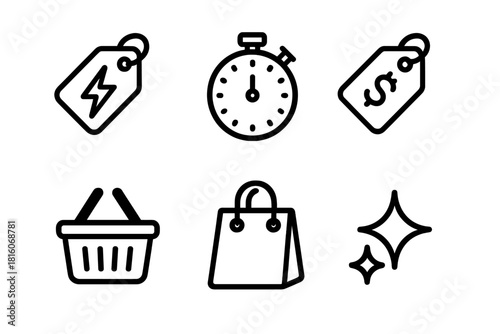 Flash Sale Icons. Flash Sale Icons linear icon set : lightning bolt tag, countdown clock, price sticker, shopping basket, gift bag, sparkle effect