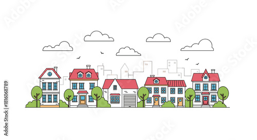 A charming suburban street scene with colorful houses trees and a city skyline in the background created in a clean line art style.