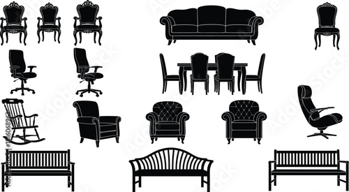 A diverse collection of indoor and outdoor furniture silhouettes, including executive chairs, ornate armchairs, sofas, dining sets, park benches, and a rocking chair, vector illustration.