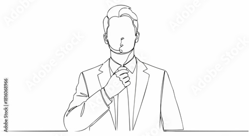 Line art illustration of a businessman adjusting his tie, faceless and professional.