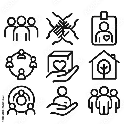 Community Support Icons. Community support concept linear icon set: group of people, unity hands, charity box, volunteer badge, care home, support circle, donation symbol, teamwork