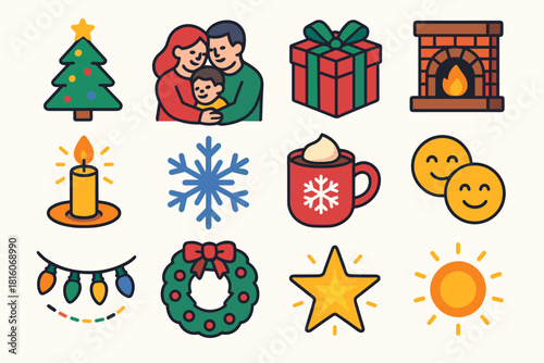 Christmas Icon Bliss. Christmas Heartfelt Moments flat icon set: glowing tree, family hug, wrapped gift, cozy fireplace, candlelight, snowflake, hot cocoa mug, smiling faces