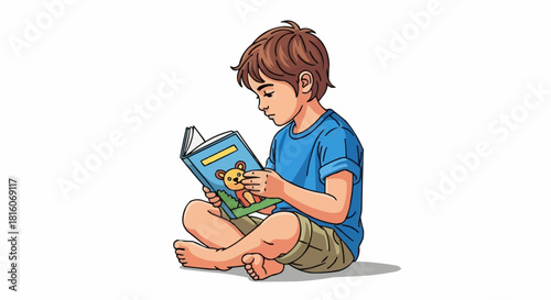 Young boy engrossed in reading a captivating book during leisure time.
