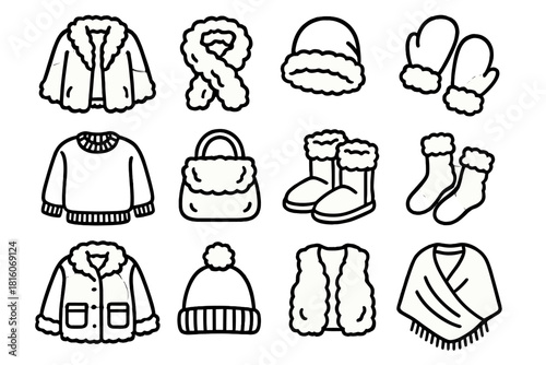 Cozy Winter Icons. Cozy Chic linear icon set : faux fur coat, fluffy scarf, fuzzy hat, soft mittens, wool sweater, plush bag, shearling boots, fuzzy socks, cozy jacket, pompom