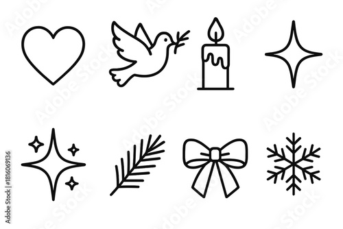 Peaceful Holiday Icons. Peace and goodwill linear icon set : heart, dove, candle, star, sparkle, pine branch, ribbon bow, snowflake