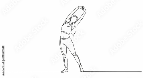 Continuous line drawing of a woman stretching during a workout.