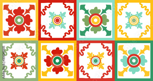 Vector pattern for printing on clothes, stickers, websites, postcards is made up of rectangular shapes with stylized leaves inside them.