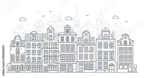 A detailed black and white line art illustration of a historic European city street with traditional canal houses from Amsterdam or Bruges.