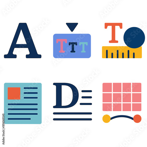 Modern Typography Icons. Creative Typography flat icon set: stylized letter, font family selector, type ruler, color contrast, design layout, drop cap, text grid, typographic curve