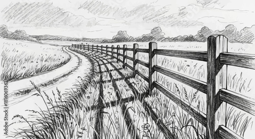 Rural Landscape with Wooden Fence and Winding Path Sketch.