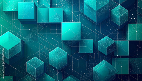 Fototapeta Naklejka Na Ścianę i Meble -  3Dブロックとネットワーク線が織りなすターコイズブルーのデジタル抽象背景