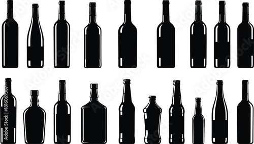 A comprehensive collection of various black bottle silhouettes, representing liquor, wine, whiskey, beer, and different alcohol containers, suitable for bar 