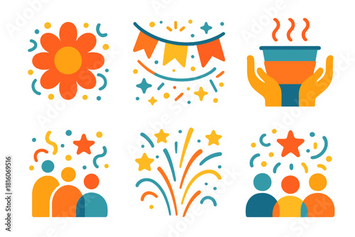 Minimalist Festival Icons. Festival flat icon set: bright motif, festive charm, shared cup, lively pattern, shimmer line, community spark