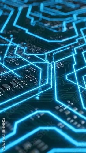 Abstract Circuit Board Close Up with Illuminated Neon Blue Lines over Green Background