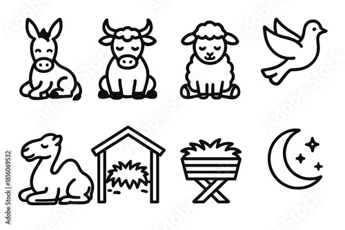 Nativity Animal Icons. Peaceful Nativity Animals linear icon set: donkey, ox, lamb, dove, camel resting, stable hay, feeding trough, gentle moonlight