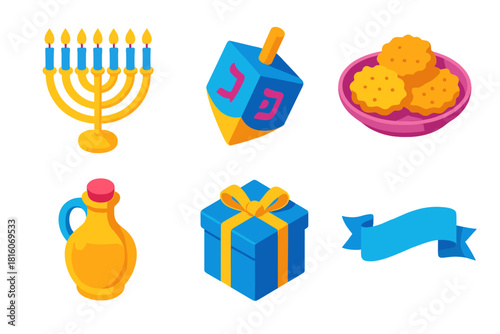 Hanukkah Icon Set. Festival of Lights flat icon set: menorah with candles, spinning dreidel, latkes, olive oil jar, gift box, blue ribbon