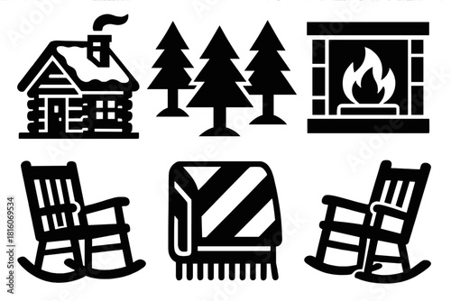 Brutalist Mountain Icons. Mountain Retreat silhouette icon set: wooden cabin, snow-covered roof, chimney smoke, pine trees, cozy fire, warm blanket, rocking chair, glowing windows