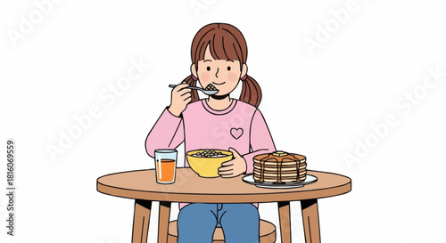 Young girl enjoys breakfast at a wooden table with food and drink.