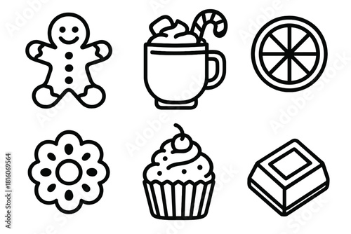 Festive Treat Icons. Christmas Treats Set linear icon set: gingerbread cookie, hot cocoa mug, fruit slice, festive cupcake, chocolate piece, holiday biscuit