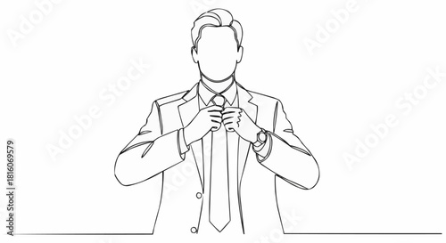 Continuous line drawing of a businessman adjusting his necktie.
