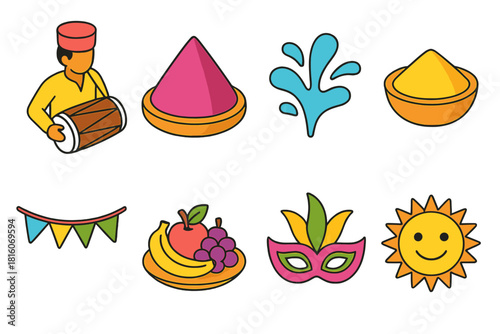 Vibrant Holi Icon Set. Cultural Holi Icons flat icon set: drum player, gulal cone, water splash, turmeric bowl, festival bunting, fruit plate, festival mask, smiling sun