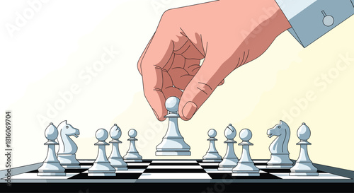 A hand making a strategic first move with a pawn on a chessboard symbolizing business planning competition and tactical thinking.